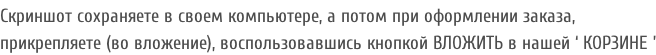 Скриншот сохраняете в своем компьютере, а потом при оформлении заказа, прикрепляете (во вложение), воспользовавшись кнопкой ВЛОЖИТЬ в нашей ‘ КОРЗИНЕ ’